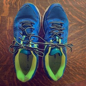 ASICS tennis shoes. Size 8. Blue and yellow.